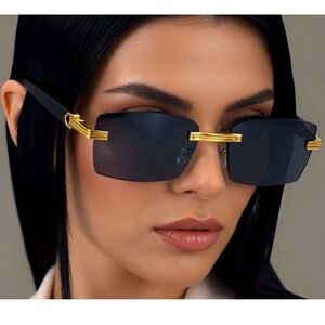 Rimless Sunglasses Fashion Designer Rectangle Dark Black Driving Women Trendy‎